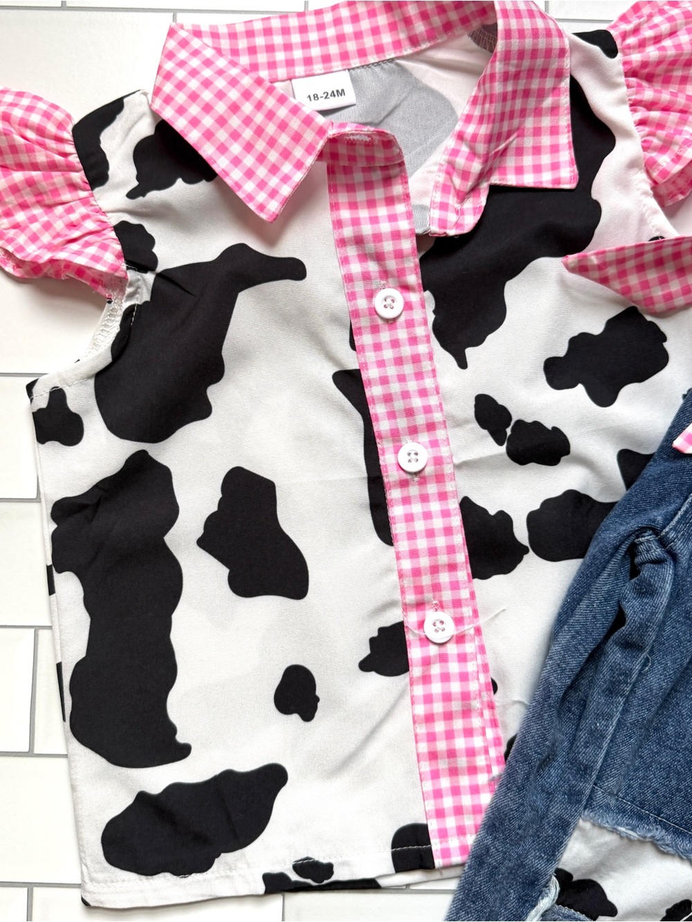 18-24M🐮2pc Western Cowgirl Outfit Cow Print Button Down Shirt Rodeo Denim Jeans - Picture 5 of 14